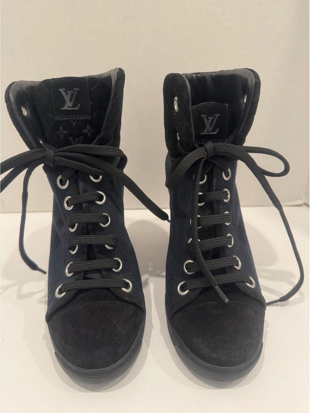 Louis Vuitton Batignolles Wedge Sneakers — Dark Navy Canvas & Black Suede